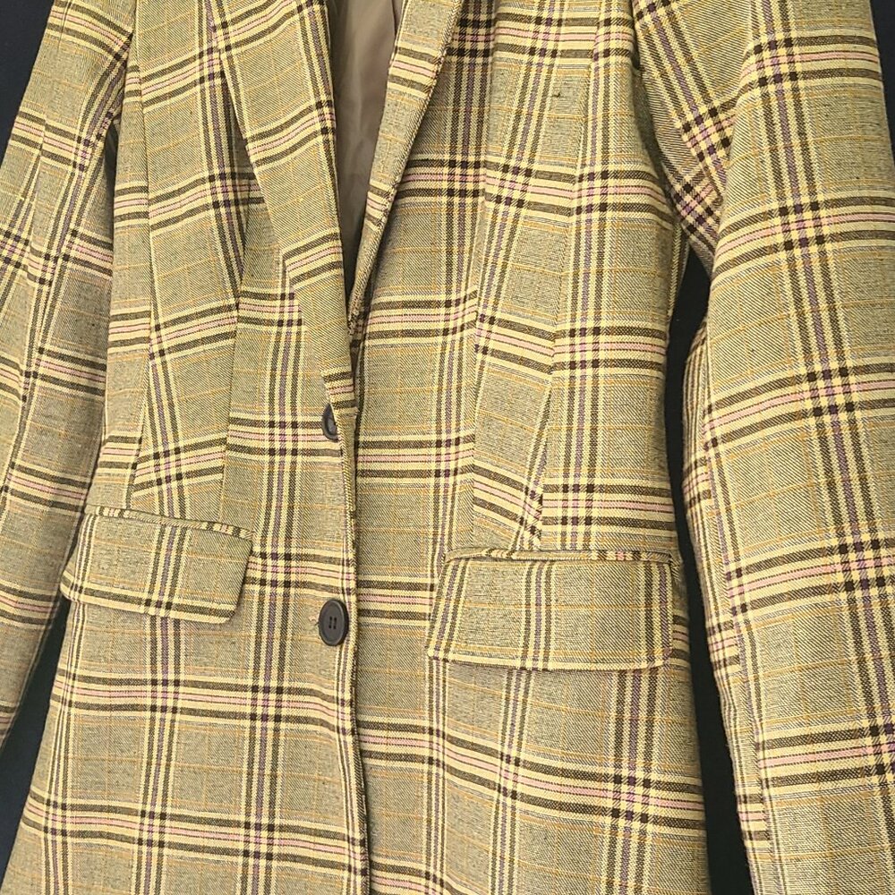 TOPSHOP Plaid Suit BLAZER in Brown, Pale Pink and Tan Size 2/4 (Runs Big). - Picture 5 of 7